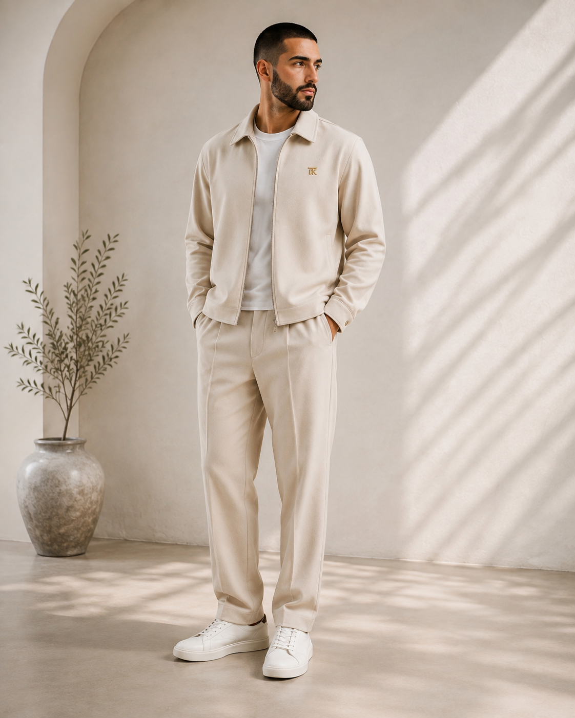 TAKI model in the cream smart-casual set